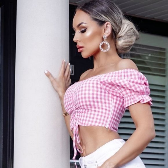 Pink Gingham Plaid Check Short Sleeve Off Shoulder Ruched Crop Top - Picture 4 of 9